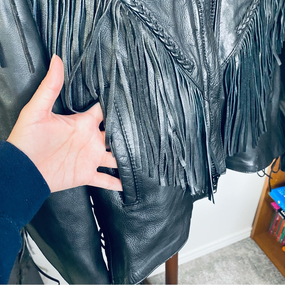 Vintage Genuine Black Leather Rose Cutout Boho Fringe Motorcycle Jacket Medium - Picture 5 of 13